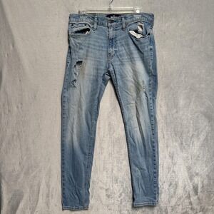 Hollister Epic Flex Skinny Jeans Mens‎ 32x32 Blue Light Wash Stretch Distressed